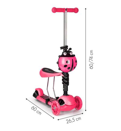Trotineta pliabila tip scooter pentru copii, reglabila, cu 3 roti, iluminare LED, scaun detasabil, 80kg, culoare roz