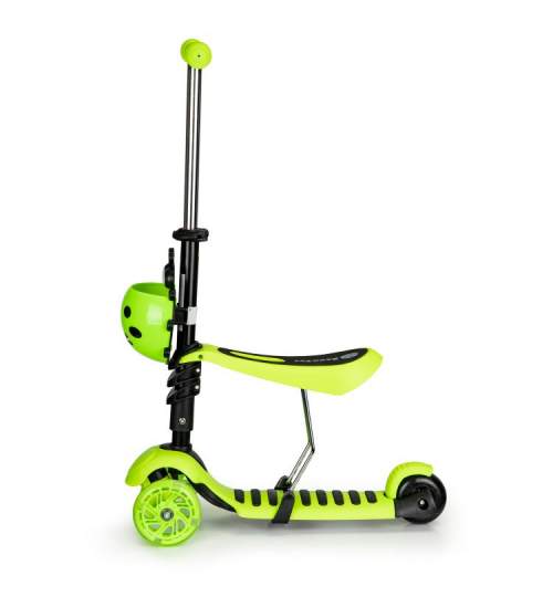Trotineta pliabila tip scooter pentru copii, reglabila, cu 3 roti, iluminare LED, scaun detasabil, 80kg, culoare verde