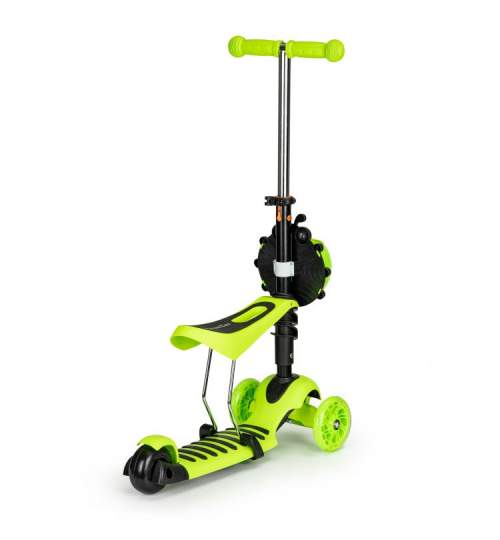 Trotineta pliabila tip scooter pentru copii, reglabila, cu 3 roti, iluminare LED, scaun detasabil, 80kg, culoare verde
