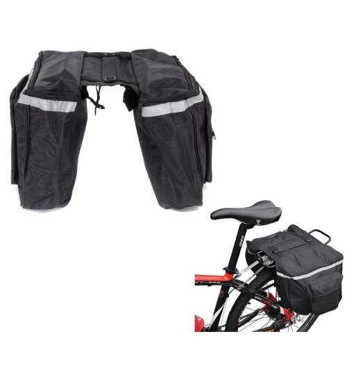 Geanta pentru portbagaj bicicleta, cu 4 compartimente, fixare Velcro, culoare negru