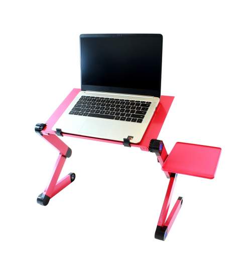 Masuta din aluminiu pentru laptop, cooler incorporat, picioare pliabile si unghi reglabil, cu suport lateral pentru mouse, Culoare Roz