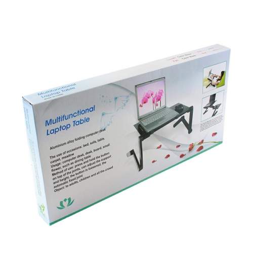 Masuta din aluminiu pentru laptop, cooler incorporat, picioare pliabile si unghi reglabil, cu suport lateral pentru mouse, Culoare Roz
