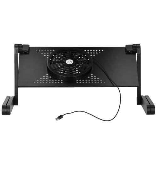 Masuta Reglabila pentru Laptop, din Aluminiu, cu suport Mouse, Cooler incorporat, Picioare Pliabile si Unghi Reglabil, Culoare Negru