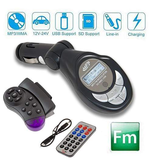 Modulator FM MP3 Player Auto cu Telecomanda cu Fixare pe Volan si Normala, LCD, USB, AUX IN, Card SD