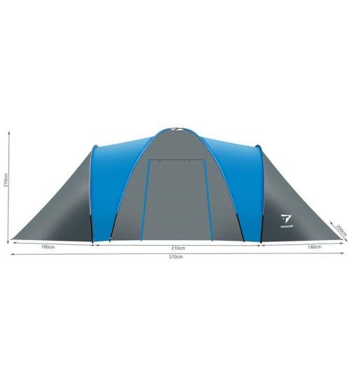 Cort Camping Impermeabil pentru 6 Persoane, cu 2 compartimente si husa depozitare, 210x200cm, Albastru/Gri