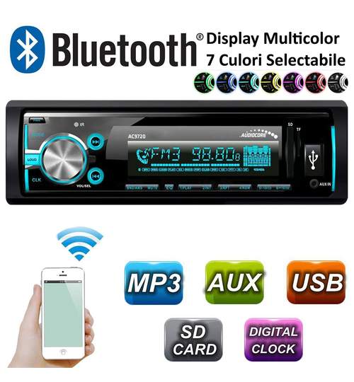 Radio MP3 Player Auto 1DIN cu Bluetooth / WMA / USB / RDS / SD / ISO Cube / Multicolor Audiocore