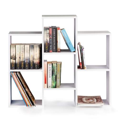 Etajera tip Biblioteca Moderna Multifunctionala, 6 compartimente, 85x76x22 cm, Alb