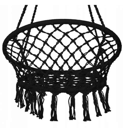 Leagan tip scaun rotund suspendat, pentru casa sau gradina, cu franjuri, capacitate 150kg, negru