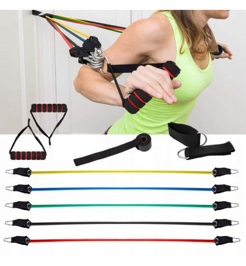 Set 5 corzi elastice pentru exercitii fitness, cu manere si accesorii, prinderi multiple, multicolor