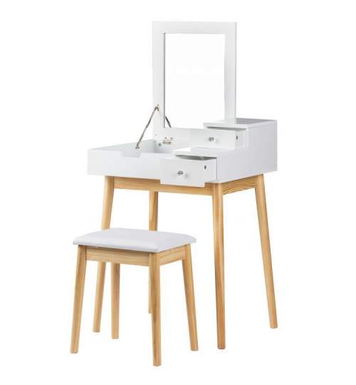 Set Masa Toaleta pentru Machiaj cu Oglinda Pliabila, 2 Sertare si Scaun, design Modern, Culoare Alb