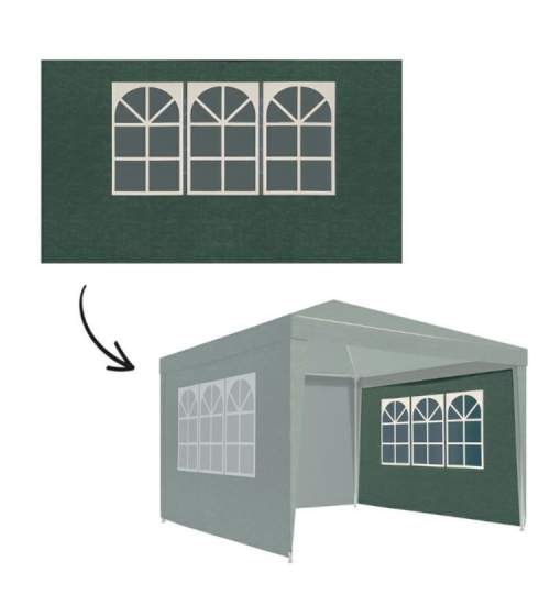 Perete lateral pentru Cort Pavilion de Gradina 3x3m, cu 3 ferestre, fixare Velcro, Verde