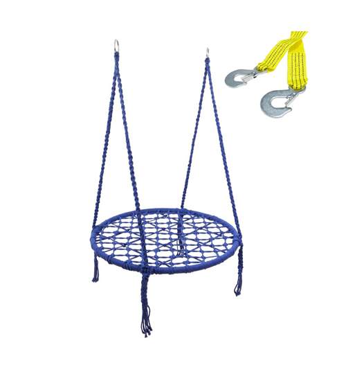 Leagan Balansoar FunFit tip cuib pentru curte, gradina sau terasa, 150kg, 80cm, albastru, cu Franghie de suspendare, lungime 1m, carlige prindere metal