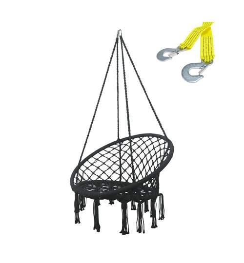 Scaun tip Leagan Suspendat pentru terasa, curte sau gradina, 80x60cm, 120kg, Negru, cu Franghie suspendare hamac, lungime 3 m, carlige prindere metal
