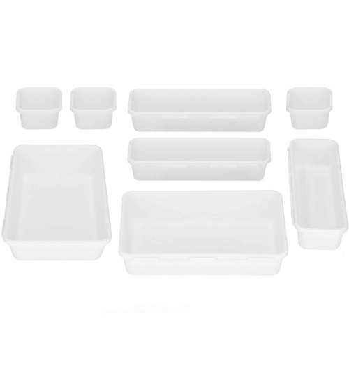 Set organizator modular tacamuri, pentru sertar bucatarie, din plastic, 8 piese, alb