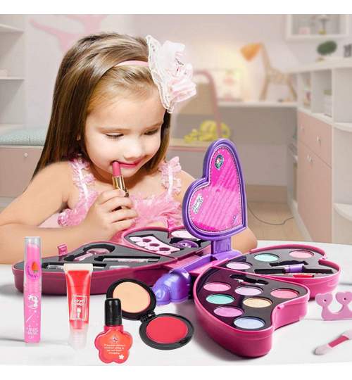 Set trusa cosmetica pentru copii model Fluturas roz, cu farduri, lacuri si sclipici, 23 elemente MLS12-108511