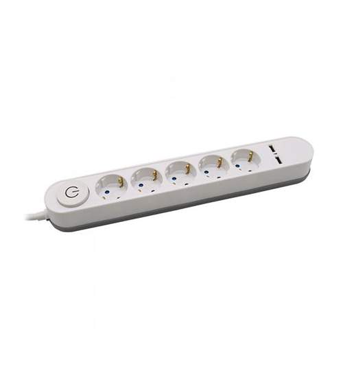 Prelungitor 5 Intrari Intrerupator iluminat & 2 Port-uri USB 3G 1.5mm x 3m Alb MRA36-060721-14