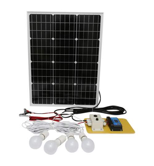 Set panou solar 50W regulator 10A 2xUSB 12/24V 4 becuri LED 8W BK87496 MRA36-220221-2