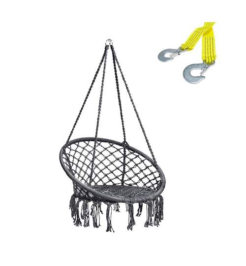 Leagan Balansoar Suspendat pentru terasa, curte sau gradina, 83x60cm, 100kg, Gri cu Franghie suspendare hamac, lungime 1 m, carlige prindere metal