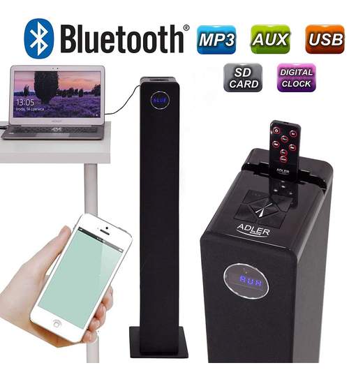 Sistem Audio Stereo Boxa Bluetooth Turn Adler cu Telecomanda, USB, SD, AUX, LED, Putere 40W, Negru
