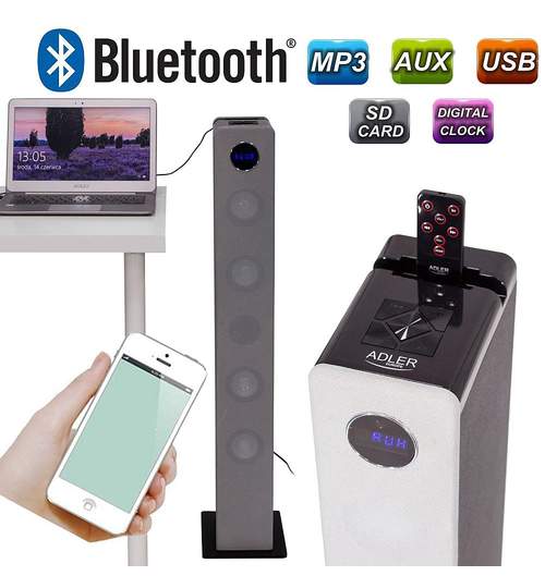 Sistem Audio Stereo Boxa Bluetooth Turn Adler cu Telecomanda, USB, SD, AUX, LED, Putere 40W, Argintiu
