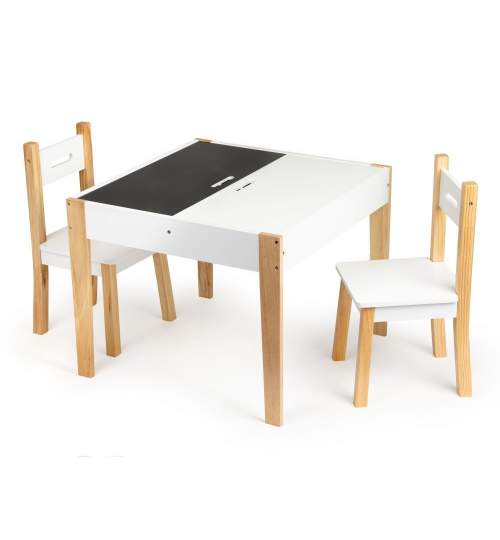 Set masuta de joaca cu 2 scaune din lemn pentru copii, blat detasabil cu tabla si creta, 4 compartimente, culoare alb