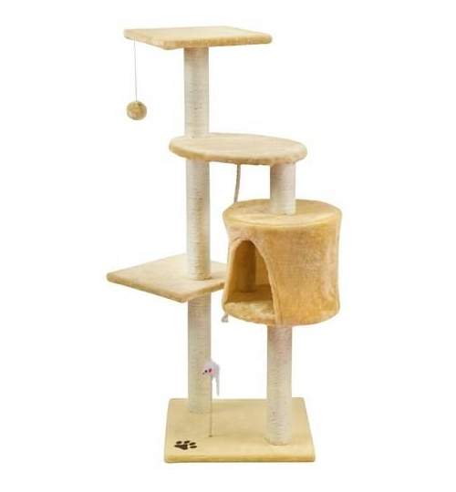 Ansamblu de Joaca pentru Pisici tip Turn pe 3 Nivele, cu Jucarii si Casute, Inaltime 110cm, Culoare Bej