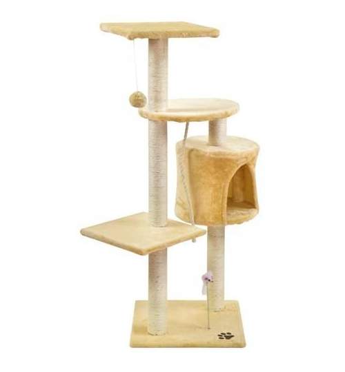 Ansamblu de Joaca pentru Pisici tip Turn pe 3 Nivele, cu Jucarii si Casute, Inaltime 110cm, Culoare Bej