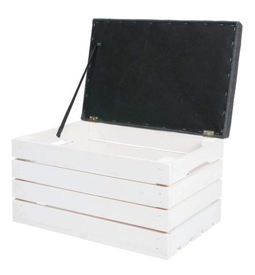 Cutie de depozitare din lemn, cu capac tapitat, sarcina maxima 150 kg, 40x50x35 cm, alb/gri