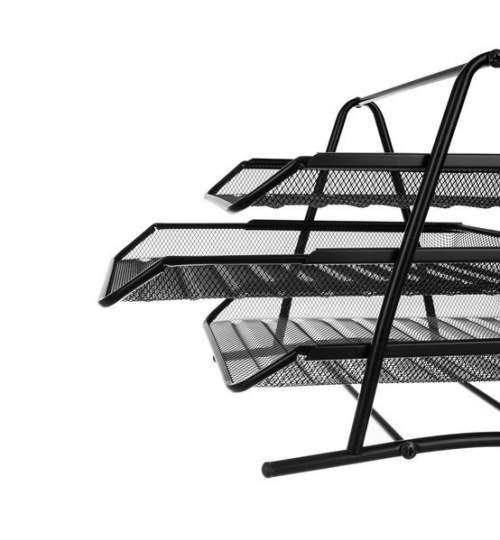 Suport metalic etajat cu 3 tavite pentru documente A4, 29.5x29x27 cm, negru
