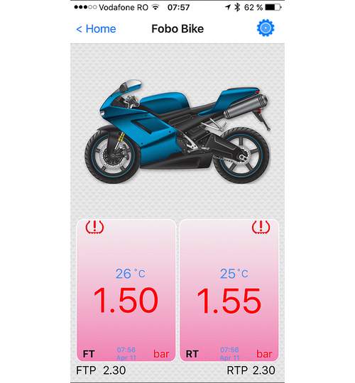 Sistem Performant FOBO TPMS Bike Combo pentru Motociclete sau ATV de Monitorizare a Presiunii si Temperaturii din Roti pe Telefon prin Bluetooth - 6 Bari + 2 Valve T CADOU