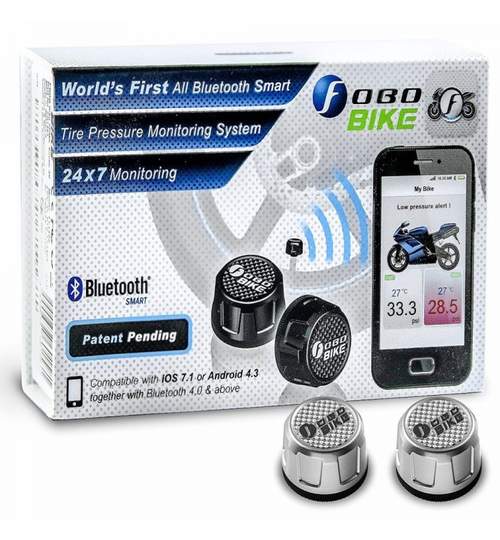 Sistem Performant FOBO TPMS Bike Combo pentru Motociclete sau ATV de Monitorizare a Presiunii si Temperaturii din Roti pe Telefon prin Bluetooth - 6 Bari + 2 Valve T CADOU