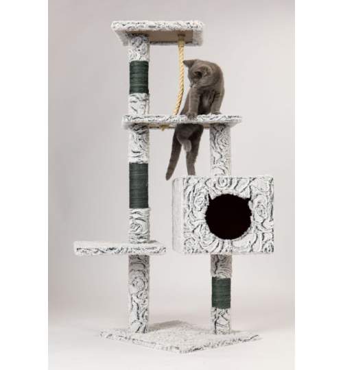 Ansamblu de Joaca pentru Pisici tip Turn, pe 4 Nivele, cu Casuta XXL, inaltime 108 cm, Culoare Gri