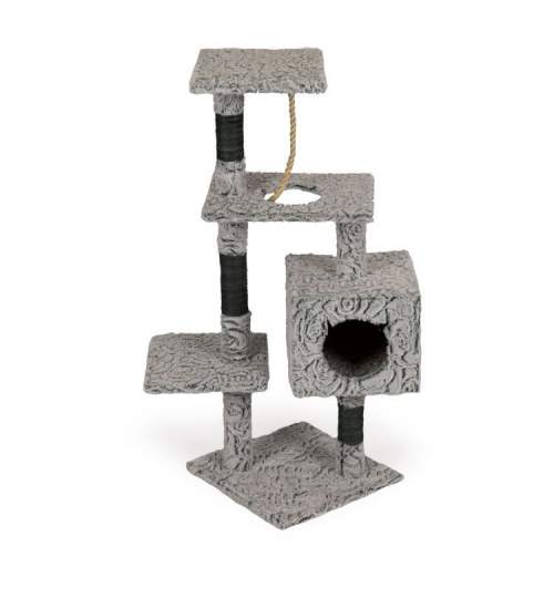 Ansamblu de Joaca pentru Pisici tip Turn, pe 4 Nivele, cu Casuta XXL, inaltime 108 cm, Culoare Gri