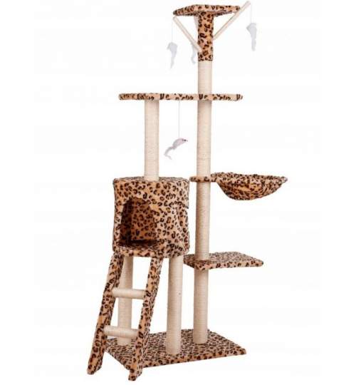 Ansamblu de Joaca pentru Pisici tip Turn XL, pe 5 Nivele, inaltime 138 cm, model Leopard, Culoare Maro