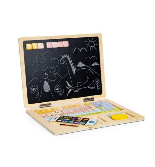 Jucarie tip Laptop educativ din lemn pentru copii, cu 78 elemente magnetice, albastru