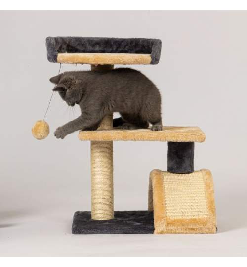Loc de Joaca pentru Pisici tip Turn, cu 3 Nivele, platforma si jucarie, inaltime 55 cm, Culoare Maro