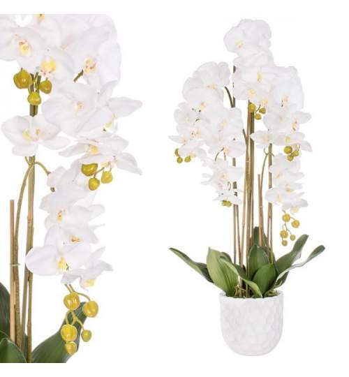 Aranjament Floral Orhidee Artificiala in Ghiveci cu 5 Tulpini, Aspect Natural,  inaltime 105cm, Culoare Alb