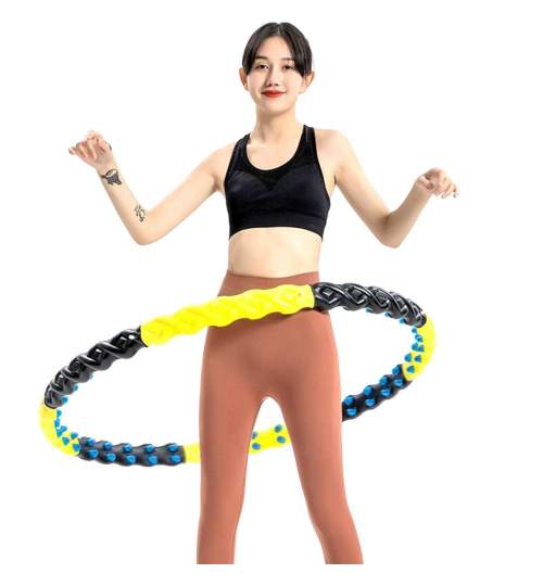 Cerc fitness Hula Hoop demontabil cu 80 bile de masaj, diametru 110cm, galben/negru