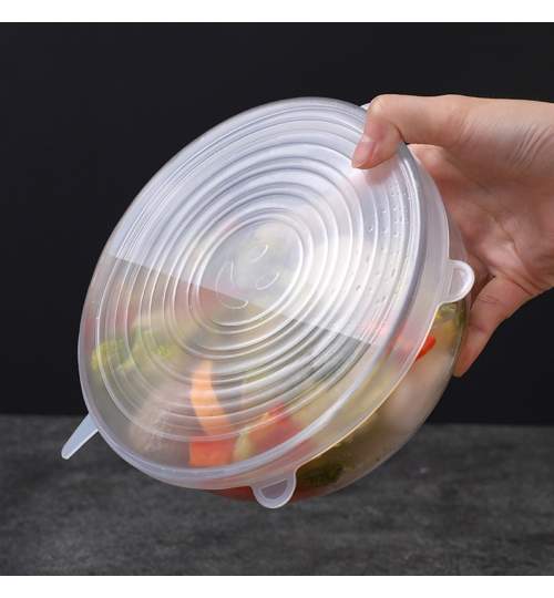 Set 6 capace din silicon reutilizabile pentru alimente, forma rotunda, diametru 6-18 cm, transparent