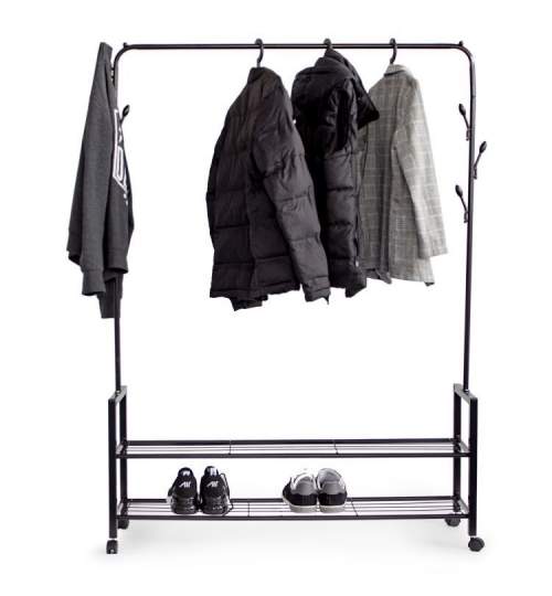 Cuier metalic mobil suport pentru haine si umerase, cu 7 agatatori, 2 rafturi pentru incaltaminte, 128x165 cm, negru