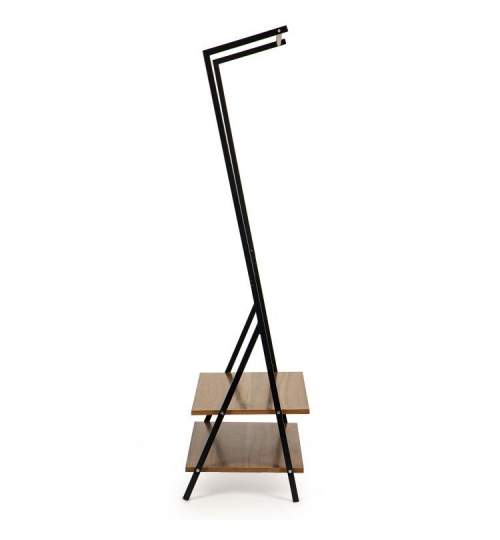 Cuier metalic suport pentru haine si umerase, cu 2 rafturi din lemn pentru incaltaminte, inaltime 158.5 cm, negru/maro