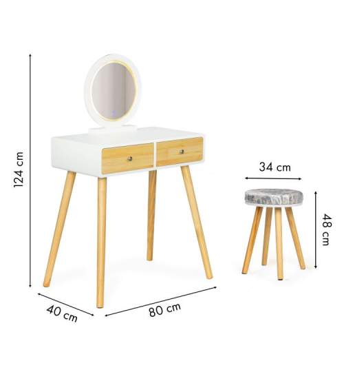 Masa de Toaleta din lemn de pin si MDF, cu Scaun, Oglinda rotunda iluminata LED si 2 Sertare, 80x124 cm, Alb
