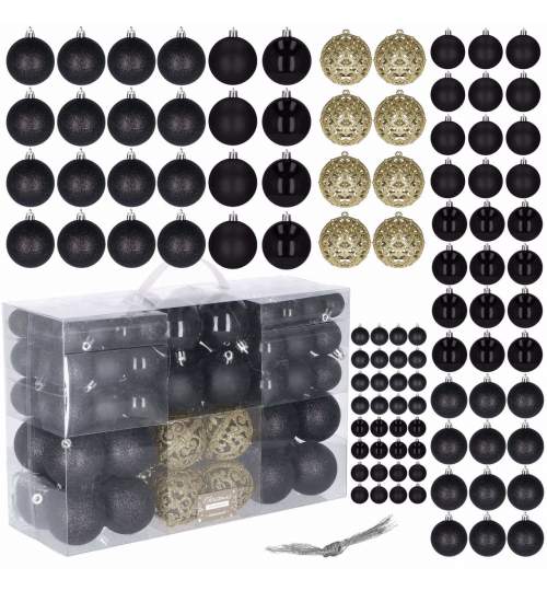 Set 100 Globuri de Craciun pentru Brad cu agatatori, din Plastic, diametru 3/4/6 cm, negru/auriu