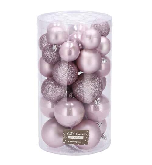 Set 30 Globuri de Craciun pentru Brad cu agatatori, din Plastic, diametru 4/5/6 cm, rose
