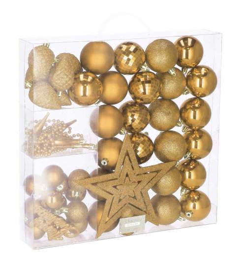 Set 51 Globuri si Decoratiuni de Craciun pentru Brad, cu Stea si Margele, din Plastic, auriu