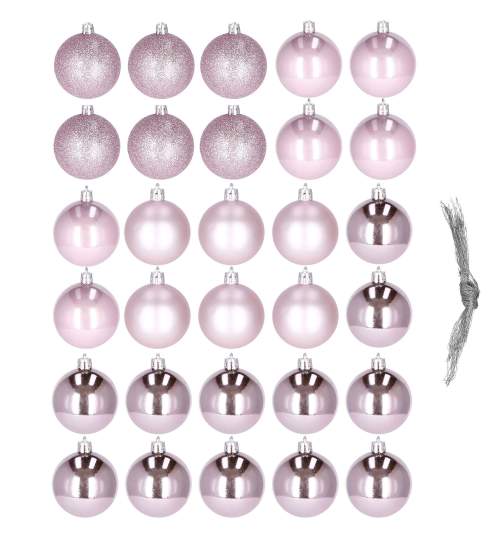 Set 30 globuri decorative pentru brad de Craciun, din plastic, diametru 3cm, culoare rose