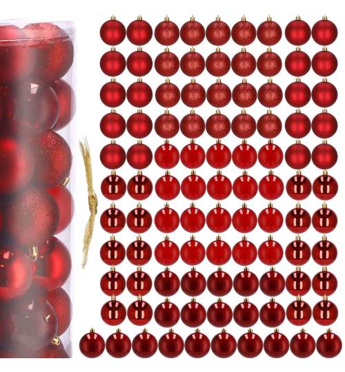Set globuri Craciun, pentru brad, din plastic, 6cm, 100 buc, rosu