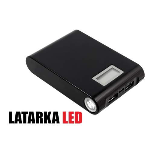 Baterie externa portabila PowerBank 12000mAh cu lanterna incorporata si 2 iesiri USB Negru