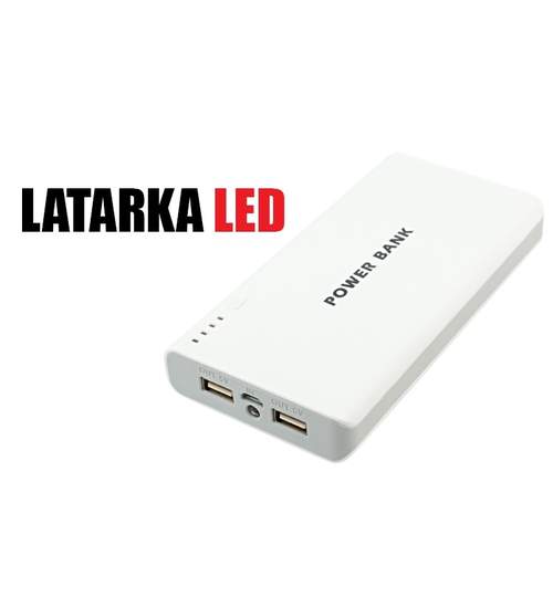 Baterie externa portabila PowerBank 20000mAh cu lanterna incorporata si 2 iesiri USB Alb