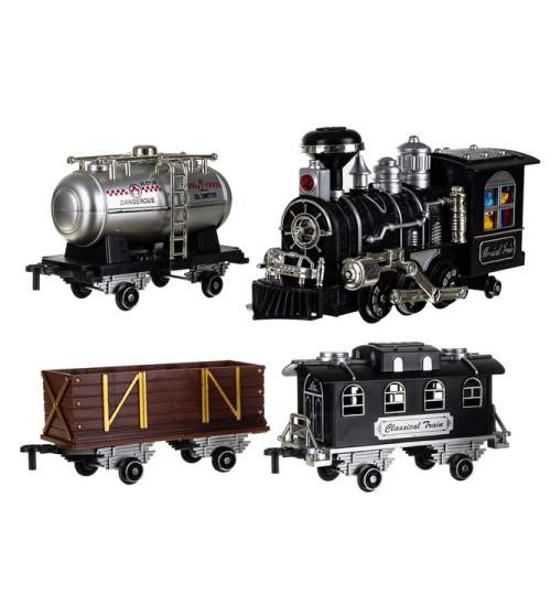 Set Tren Locomotiva cu Abur si Cale Ferata de Rulare pentru Copii, Lungime 5m, 8xAA, culoare negru/maro